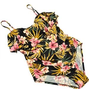Kona Sol Full Coverage Tummy Control One Piece Swimsuit XL Tropical Flounce Cute